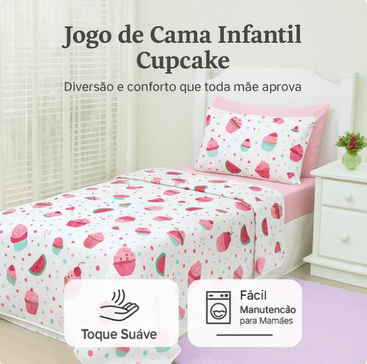 Jogo de Cama Cupcake Infantil - Solteiro 3 Peças